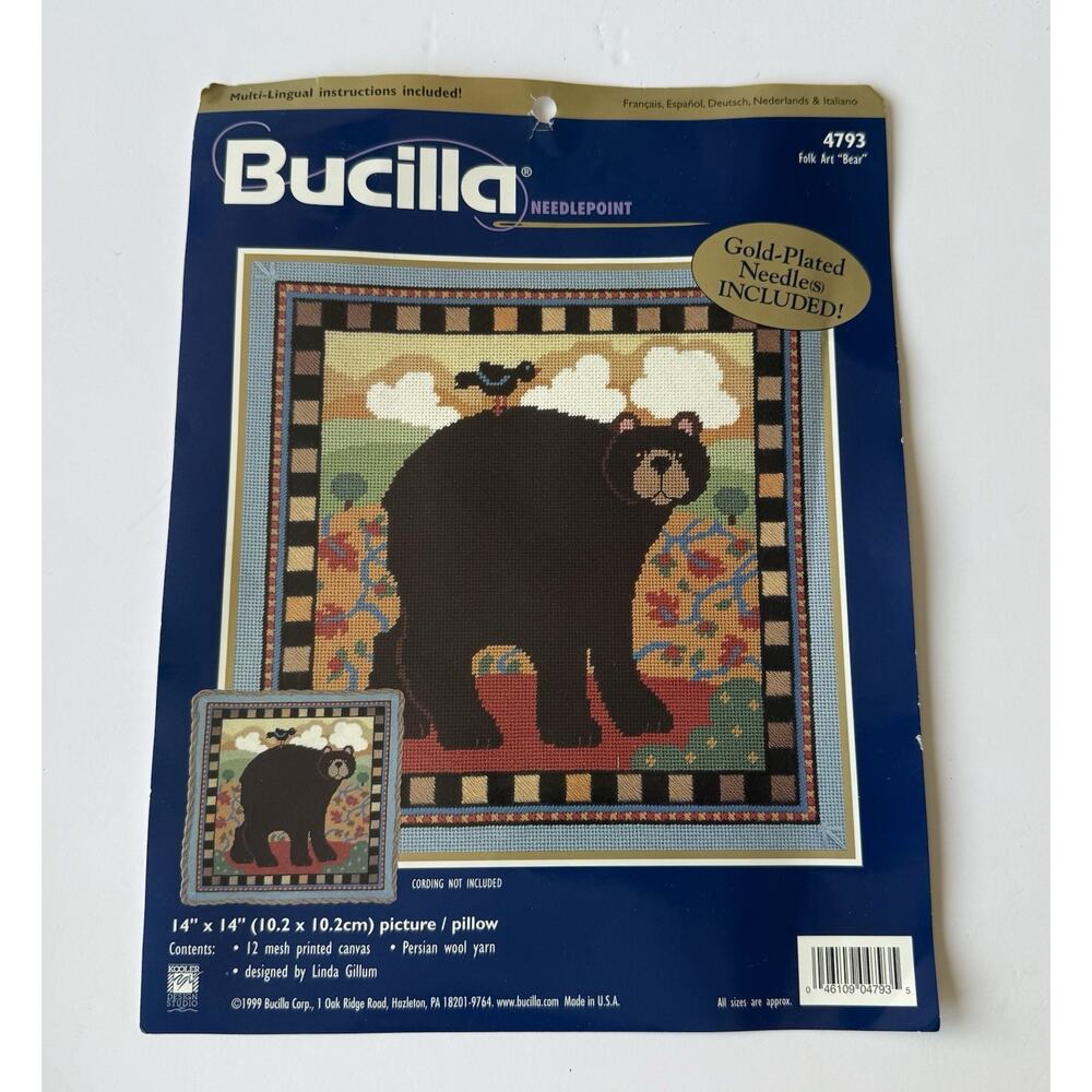 Vintage 1999 Bucilla Needlepoint Kit Folk Art Bear Opened & Complete Wool Yarn